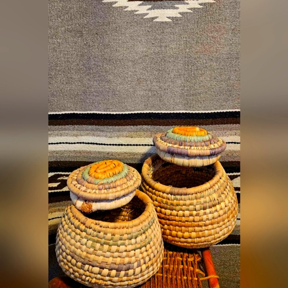 Vintage Native American Woven Baskets With Lid